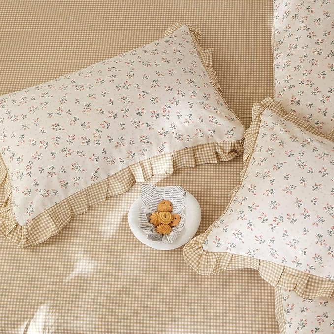 mixinni Beige Floral Duvet Cover Full Size, 100% Cotton Cute Strawberry Floral - Image 6