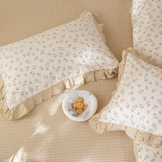 mixinni Beige Floral Duvet Cover Queen Size, 100% Cotton Cute Strawberry Floral - Image 6