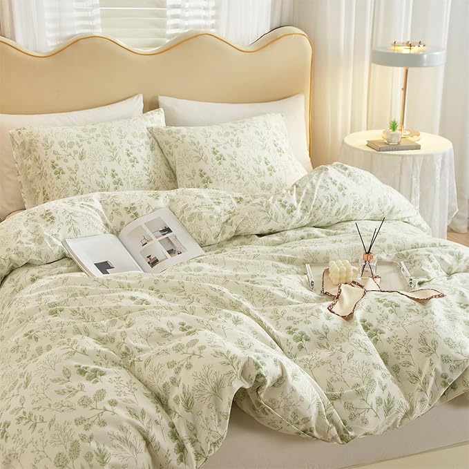mixinni Girls Boho Green Floral Duvet Cover Set Twin Size Cotton Soft Aesthetic - Image 4