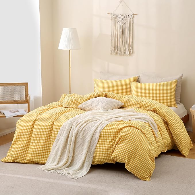 TOCOMOA Yellow Gingham Duvet Cover Bedding Set 100% Washed Cotton Like Linen - Image 2