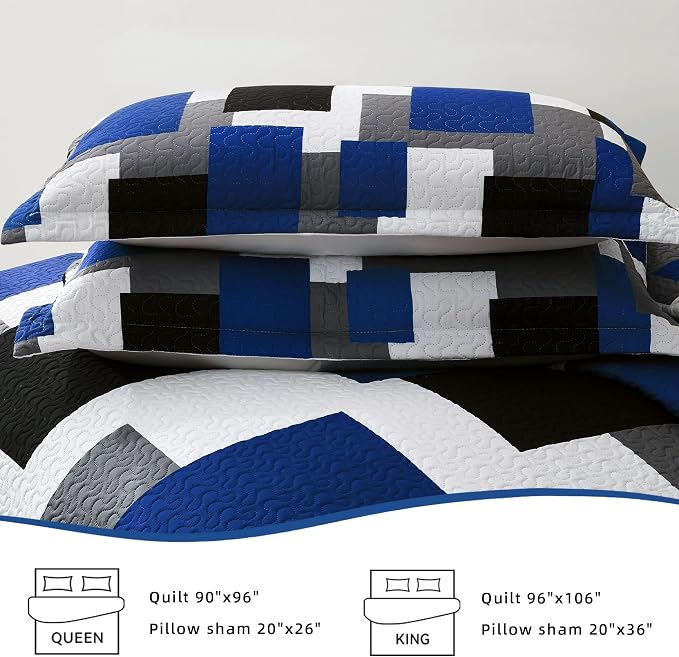 Tyrot 2 Piece Blue White Grey Quilt Set Twin Size Black White Geometric - Image 7