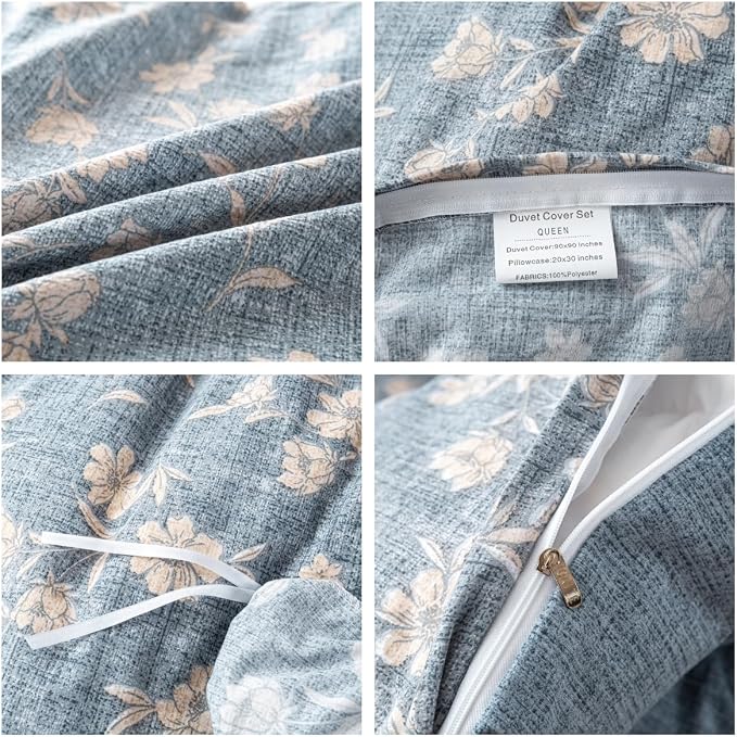OAITE Blue Flower Queen Size Duvet Cover-3 Pieces Prewashed Cotton-Like - Image 4