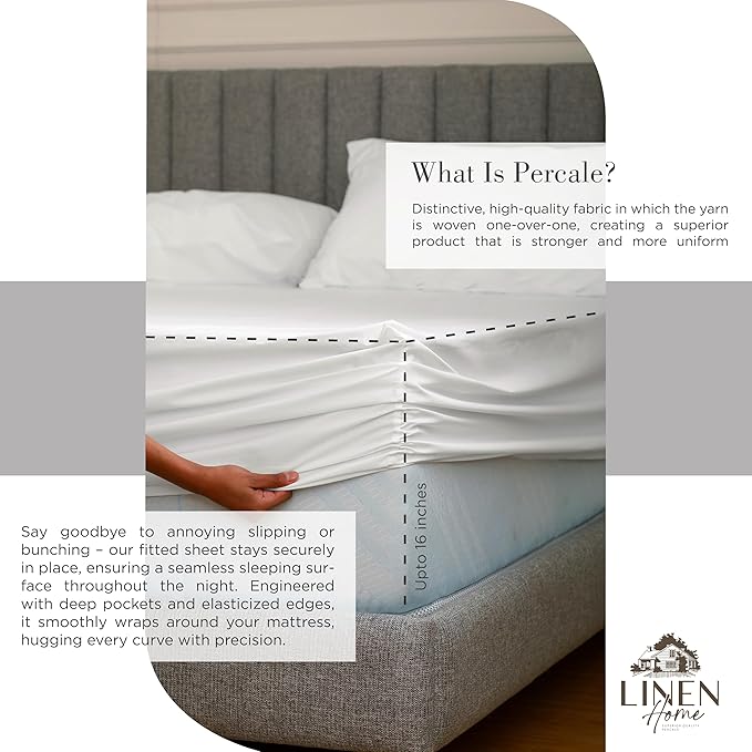 Linen Home 100% Cotton Percale Sheets King Size, Snow White, Deep Pocket - Image 4