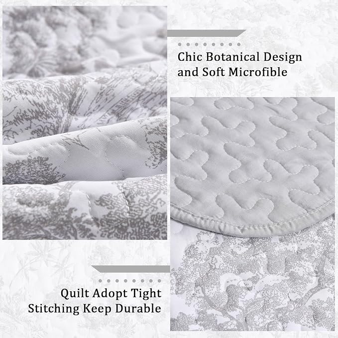 WONGS BEDDING Grey Quilt Set Twin Size, 2 Pieces Botanical Bedspreads Set - Image 5