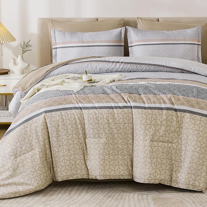 WONGS BEDDING Beige Comforter Set Queen Size, 7 Pieces Striped Bed in a Bag by WONGSBEDDING