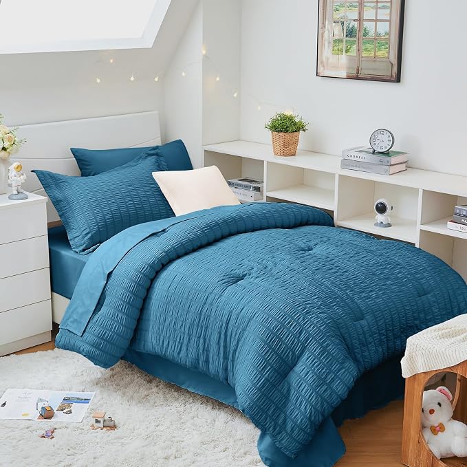 HYMOKEGE Teal Twin XL Comforter Set Seersucker 5 Pieces, All Season Luxury Bed by HYMOKEGE