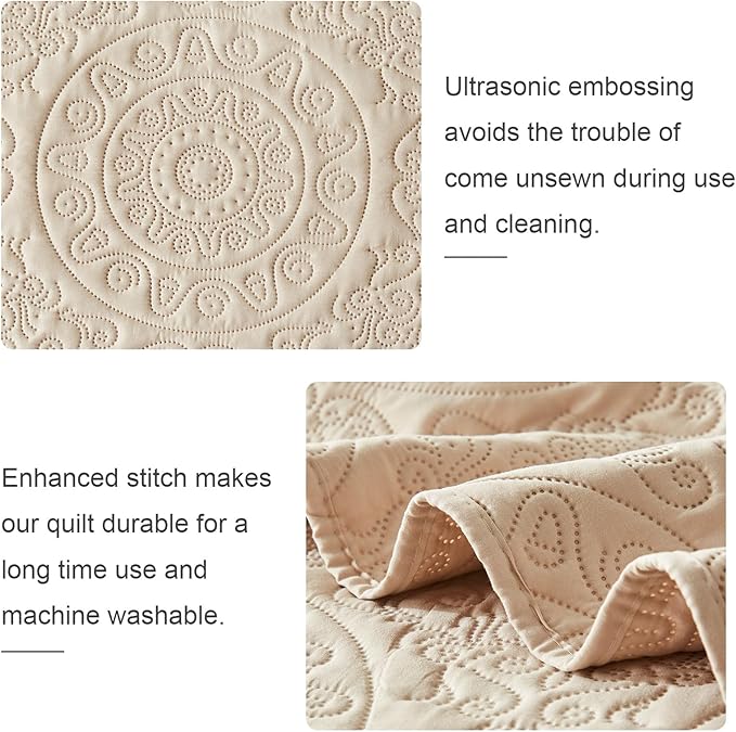 WURUIBO Beige Quilt Set Queen Size, Embossing Microfiber Full Bedspreads - Image 5