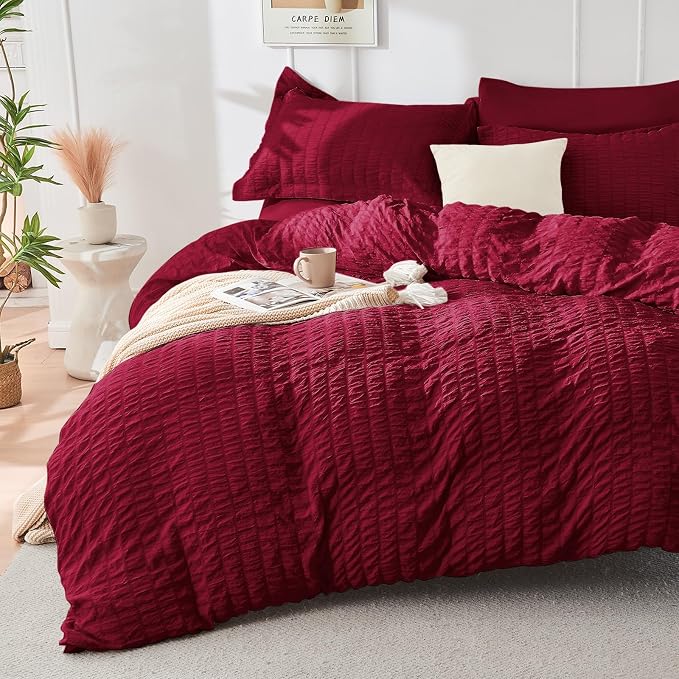 HYMOKEGE Burgundy Duvet Cover Queen Size, Ultra Soft 3-Piece Seersucker Duvet by HYMOKEGE