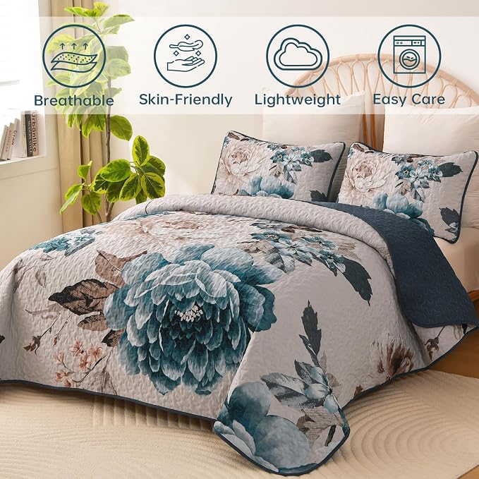 WONGS BEDDING Aqua Floral Quilt Set King, 3 Pieces Reversible Lightweight - Image 2