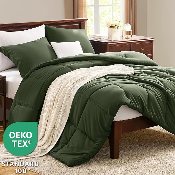 CozyLux Oversized King Comforter Set, 3 Pieces Olive Green 120x98 Box Stitched - Image 3