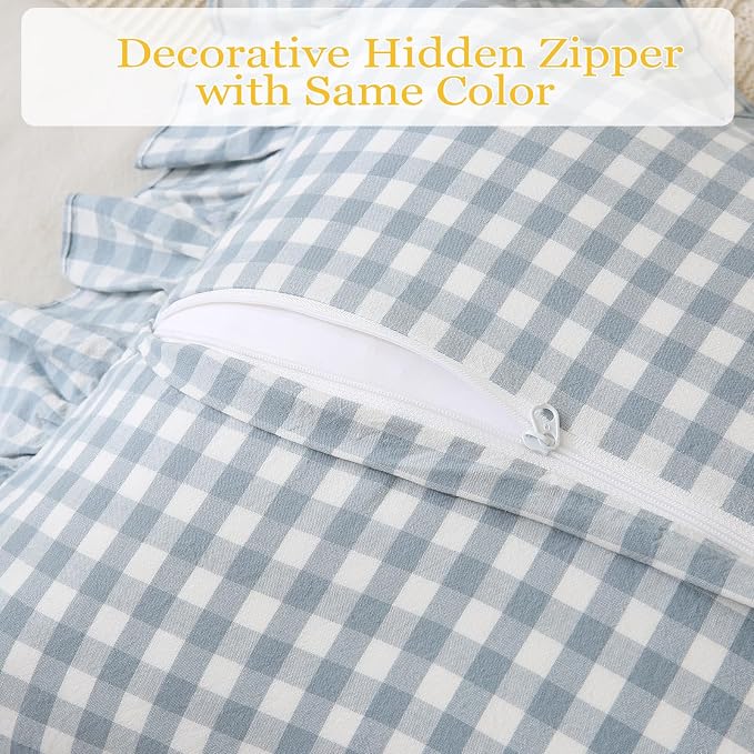 Light Blue/White Ruffled Long Lumbar Gingham Pillow Sham 14x36 inches 1 Piece - Image 6