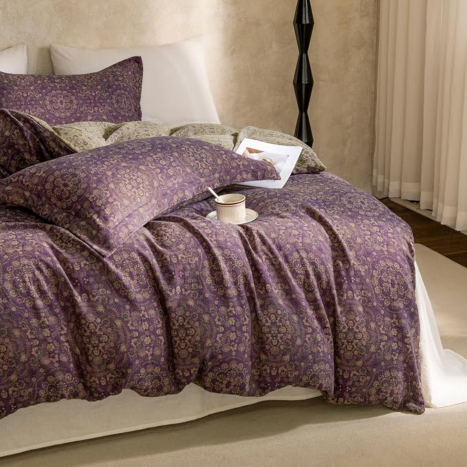 mixinni Purple Green Floral Duvet Cover Queen Size, Elegant Double-Layer Yarn - Image 4