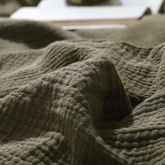 mixinni Olive Green Waffle Weave Duvet Cover Set King, 3-Piece 100% Natural - Image 5