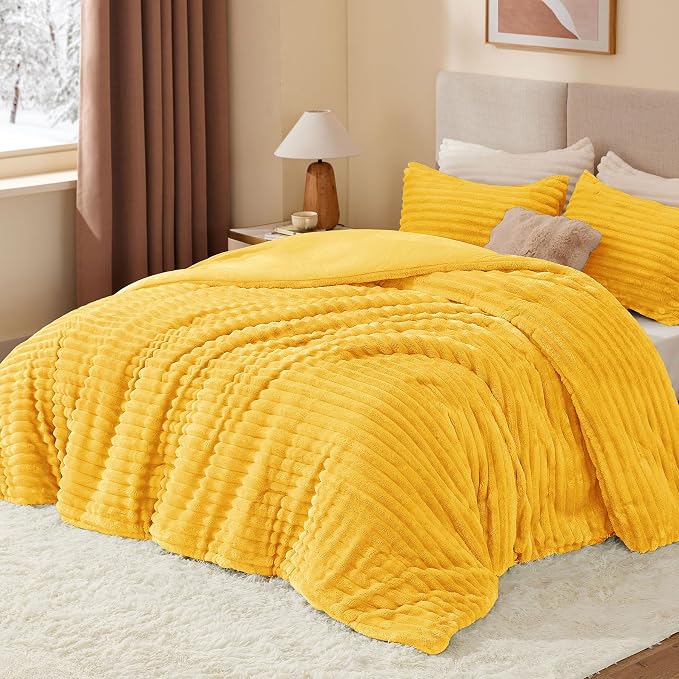 BEDELITE Fleece King Comforter Set -Super Soft & Warm Fluffy Bright Yellow - Image 2