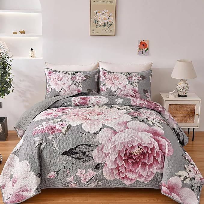 WONGS BEDDING Floral Quilt Set King, 3 Pieces Reversible Elegant Pink Flower by WONGSBEDDING