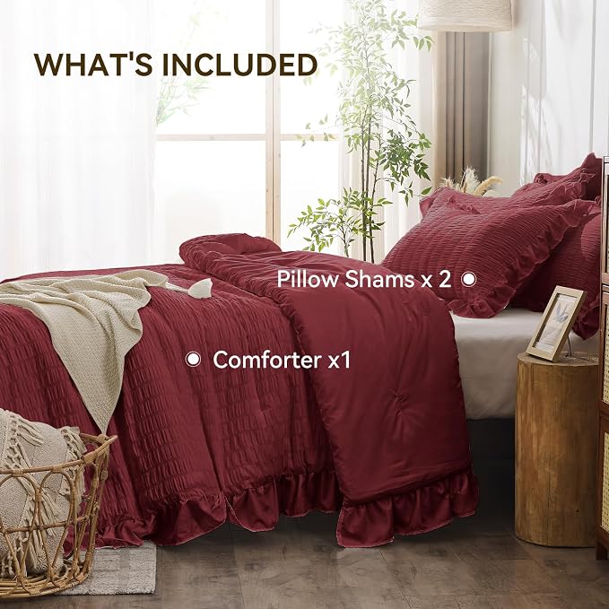 JOLLYVOGUE King Size Comforter Set, 3 Pieces Burgundy Seersucker Comforters - Image 5