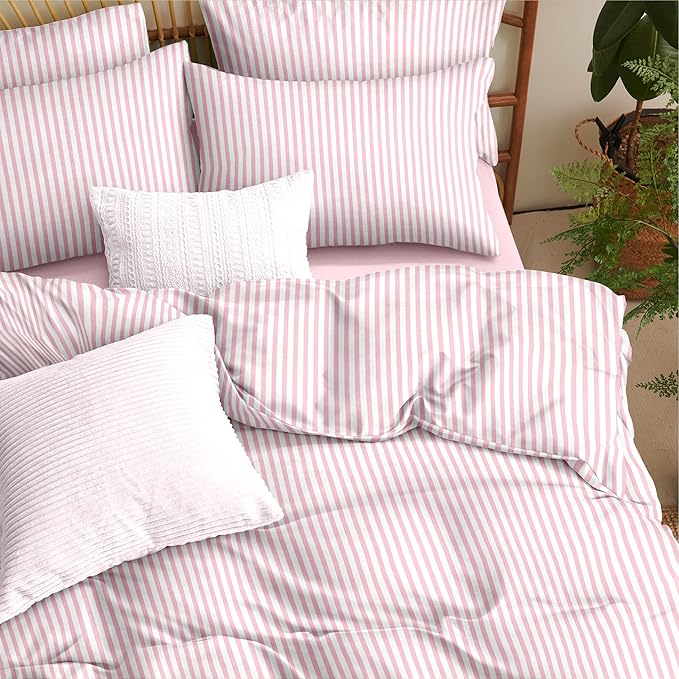 Nayoroom Pink Striped Duvet Cover Full Size White Stripe Duvet Cover Dorm - Image 3