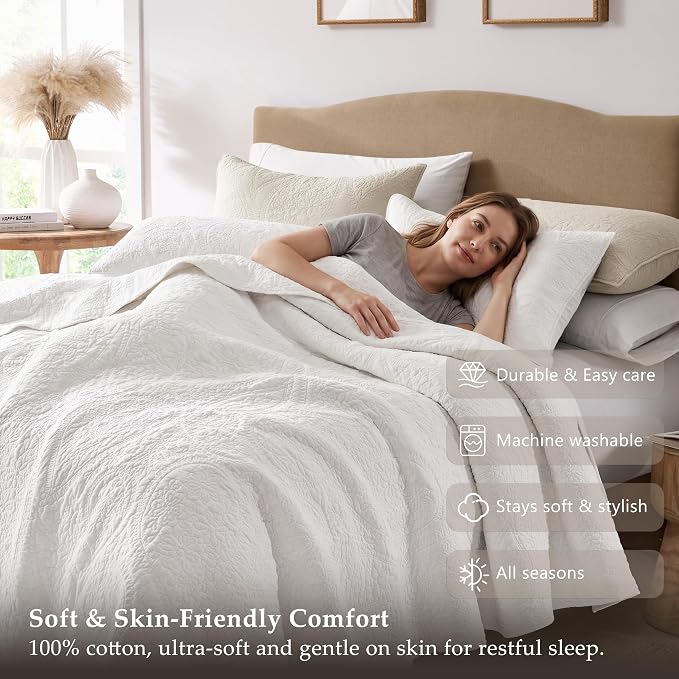 palassio White Paisley 100% Cotton Quilt Queen Size Bedding Sets - Image 5