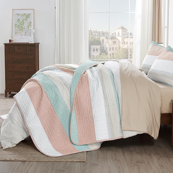 Andency Queen Quilt Bedding Set Pink Green, 3 Pieces Patchwork Summer Striped - Image 4