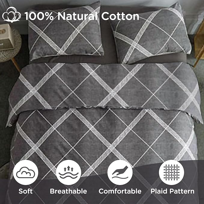 TOCOMOA Plaid Duvet Cover Set 100% Natural Cotton Soft Comfy Breathable 3 Piece - Image 4