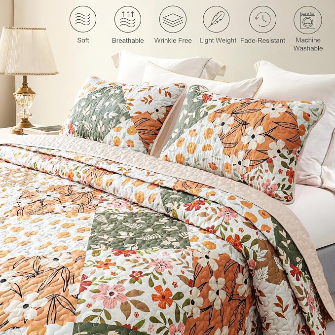 Whale Flotilla Patchwork Quilt King Size, Extra Soft Boho Floral Bedspreads - Image 3