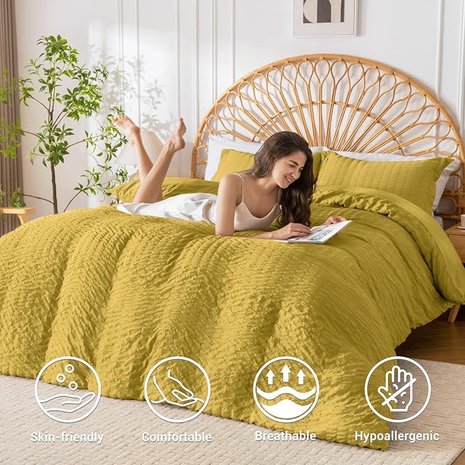 HYMOKEGE Mustard Yellow Duvet Cover King Size, Ultra Soft 3-Piece Seersucker - Image 2