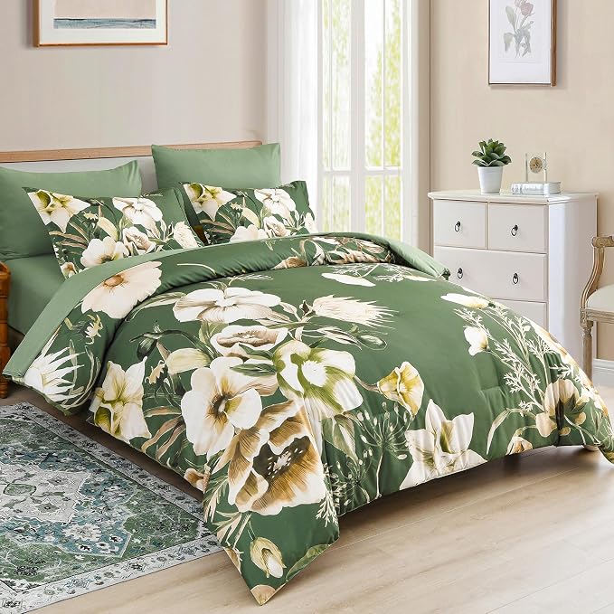 Luxudecor Floral Comforter Set Queen Size 7 Piece, Olive Green Flower Bed in a - Image 2