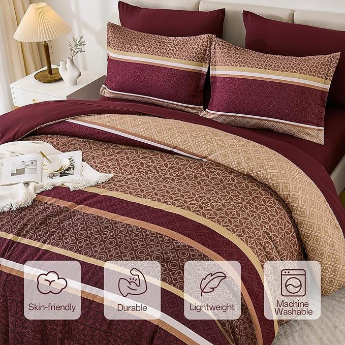 WONGS BEDDING Burgundy Comforter Set Queen Size, 7 Pieces Maroon Striped Bed in - Image 5