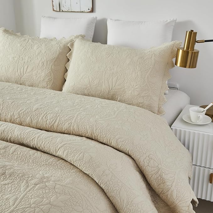 Brandream Queen Size Quilt Set Cotton Beige Quilts Luxury Farmhouse Bedding Set - Image 4