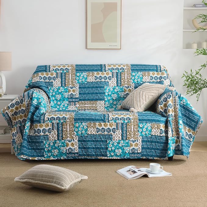 Mybedsoul Dusty Blue Quilt Set King Size, 3 Pieces Plaid Floral Bedspread Set - Image 6