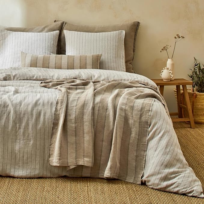 mixinni 3 Piece Striped Duvet Cover Set, Neutral Washed Cotton Linen Blend - Image 2