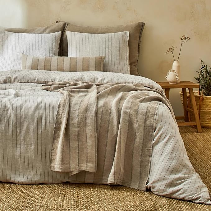 mixinni 3 Piece Striped Duvet Cover Set, Neutral Washed Cotton Linen Blend - Image 2