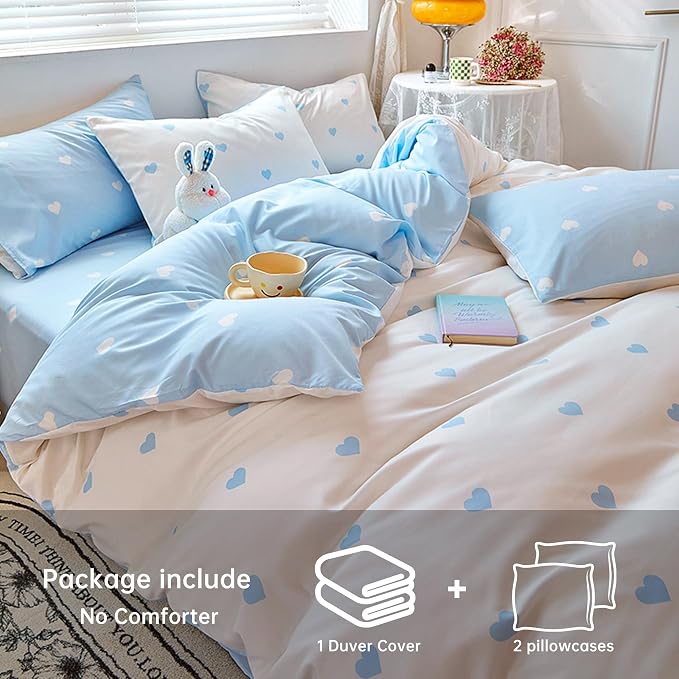 BOLINLIVING Cute Duvet Cover King Size, Reversible Light Blue & White Heart - Image 4