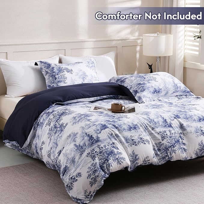 LONAVA Queen Botaincal 3 Pcs Duvet Cover Set, Breathable Soft Microfiber Navy - Image 2