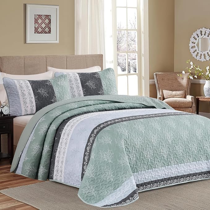 DJY Stripe Quilt Set Queen Size Sage Green Bedspread Coverlet Set 3 Pieces Boho by HOME