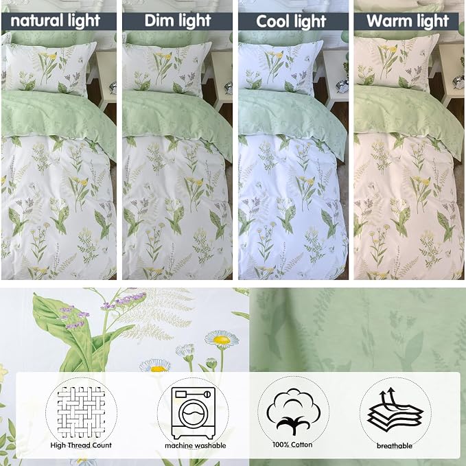 FADFAY Duvet Cover Set Full Shabby Green Daisy and Lavender Flowers Botanical - Image 4