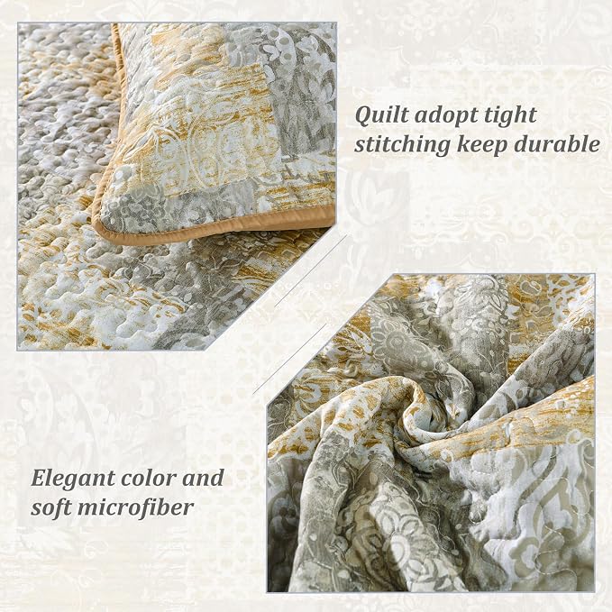 Mybedsoul Yellow Boho Quilt Set Queen Size 3 Pieces Grey and Yellow Plaid - Image 4