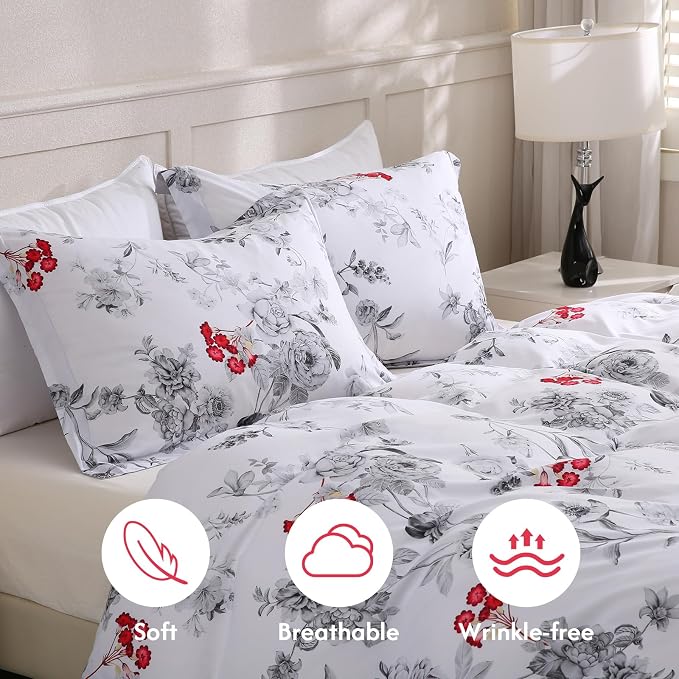 LONAVA Queen Flower 3 Pcs Duvet Cover Set, Breathable Soft Microfiber White - Image 3