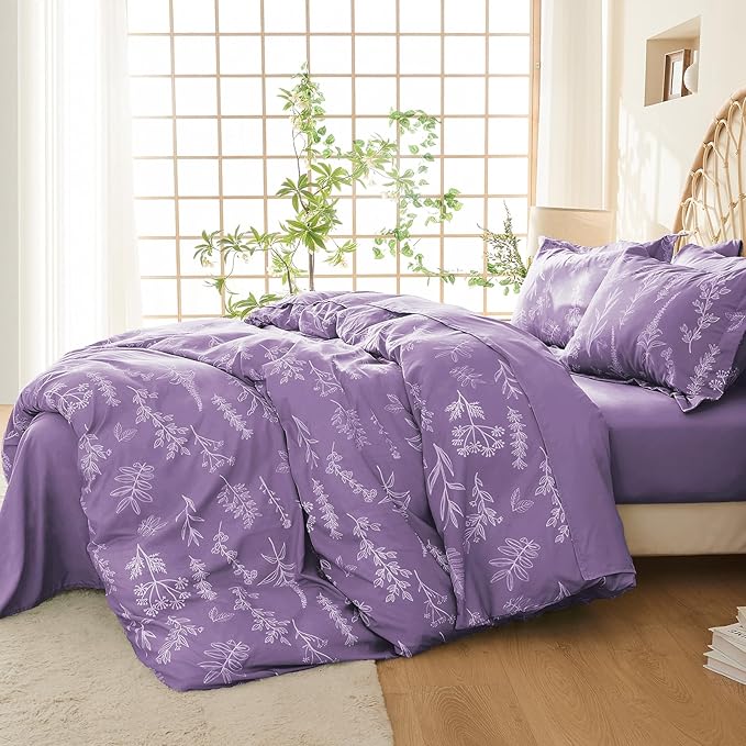MUXHOMO Duvet Cover King Size, Reversible Floral Grayish Purple Duvet Cover Set - Image 2