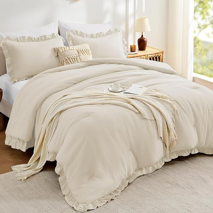 FUANNA King Size Comforter Set Cream White, 3 Pieces Ruffle King Bedding Set by FUANNA