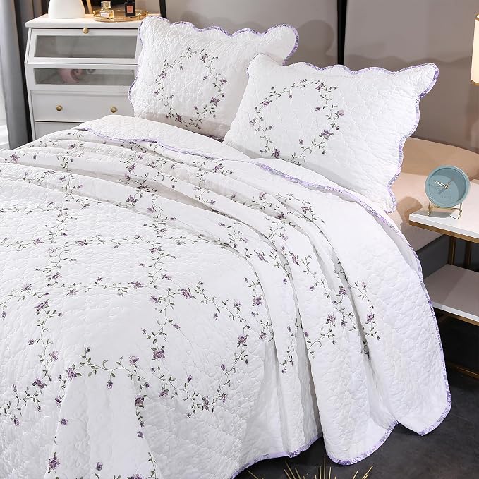 Quilt Set Purple Floral 3D Embroidery Pattern 2 PCS 100% Cotton Reversible - Image 9
