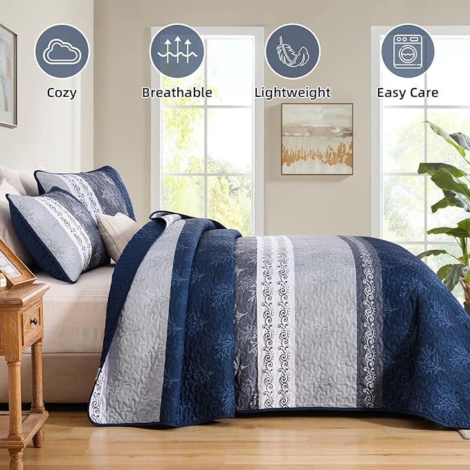 DJY Stripe Quilt Set Queen Size Navy Blue Bedspread Coverlet Set 3 Pieces Boho - Image 3