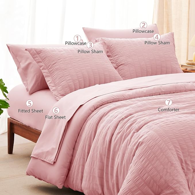 CozyLux King Size Comforter Set Pink Seersucker 7 Pieces Bed in a Bag King - Image 8