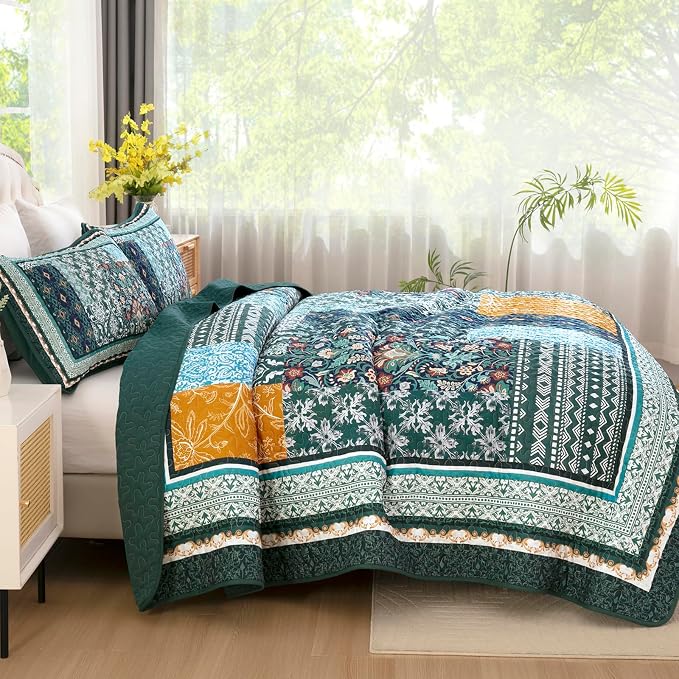 WONGS BEDDING Green Quilt Set King Size, 3 Pieces Boho Quilt Patchwork Quilt - Image 3
