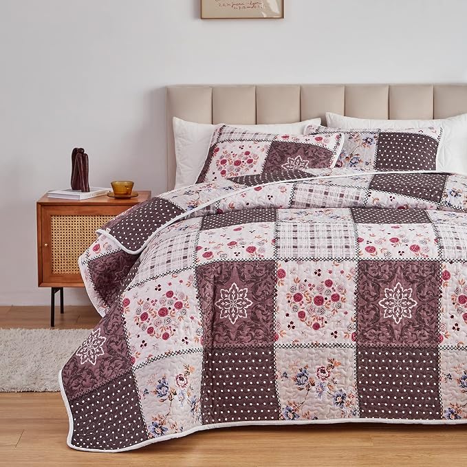 Patchwork Quilt Set Full/Queen Size, 3 Pieces Brown Floral Plaid Summer - Image 3