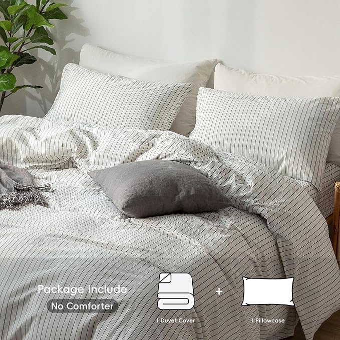 MooMee Striped Duvet Cover Set 100% Washed Cotton Linen Like Textured - Image 2