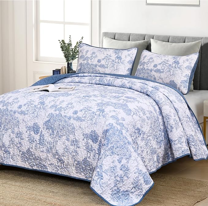 WONGS BEDDING Blue Quilt Set Full Size, 3 Pieces Botanical Bedspreads Set by WONGSBEDDING