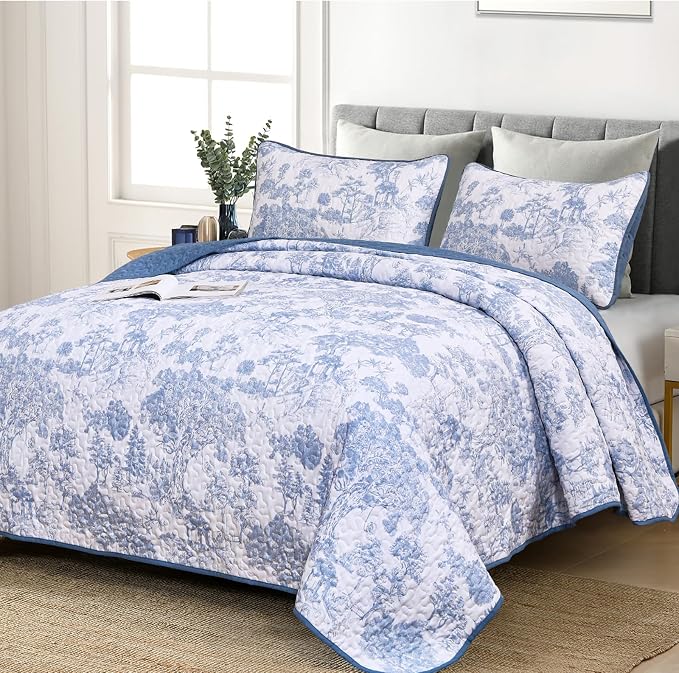 WONGS BEDDING Blue Quilt Set Twin Size, 2 Pieces Botanical Bedspreads Set by WONGSBEDDING