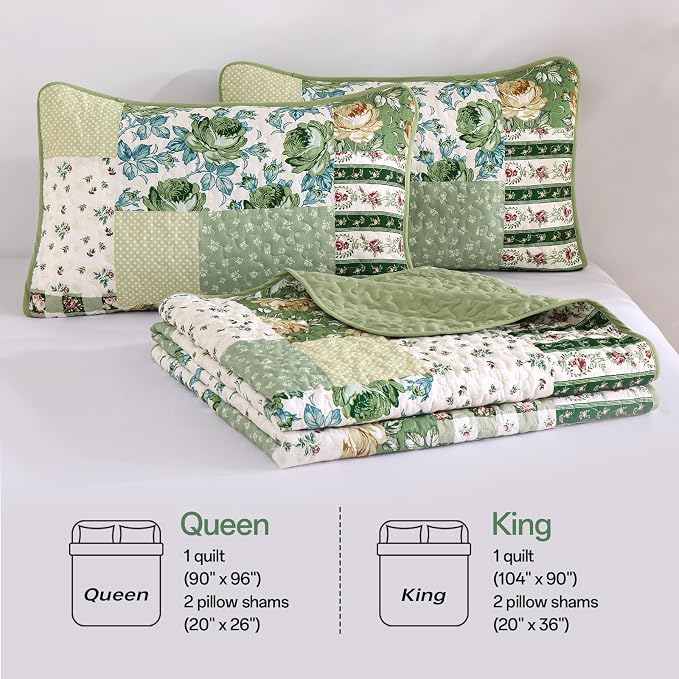 Anibedding Patchwork Quilt Set King Size Sage Green Floral Bedspread Coverlet - Image 8