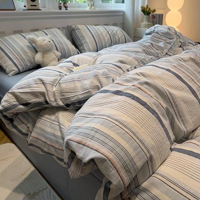 mixinni Vintage Blue and White Striped Duvet Cover Set Twin XL - Image 8